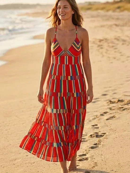 NWT J.Crew Tiered Cotton Voile Maxi in Red Multi Stripe Cross Strap Dress L