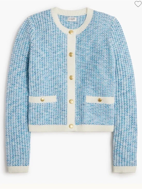 J. Crew Sz XXL* Light Blue Popcorn Stitch Cardigan Ivory Trim Gold Buttons