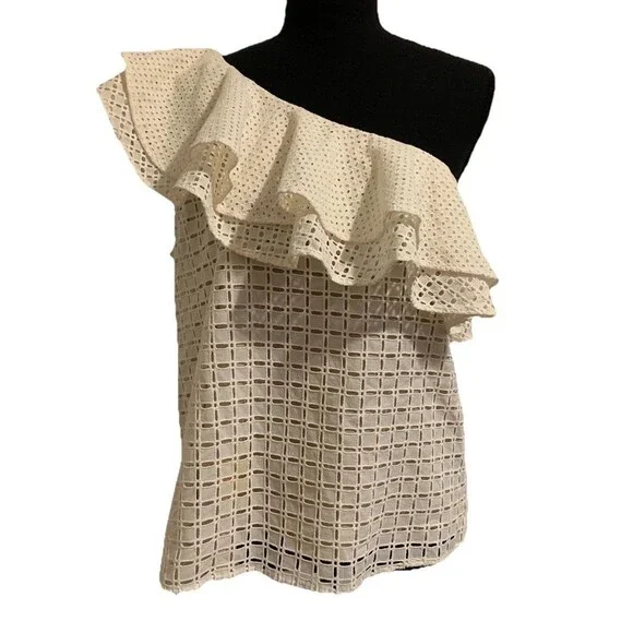 J Crew Womens Size 4 Top Eyelet One Shoulder Ruffle 100% Cotton Lined Side Zip