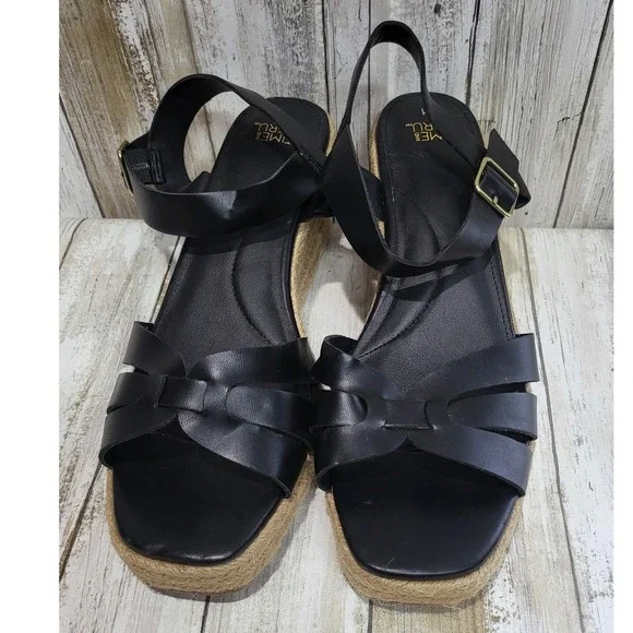 Time‎ and Tru Women's Black Espadrille Wedge Sandals Ankle Strap Size 11