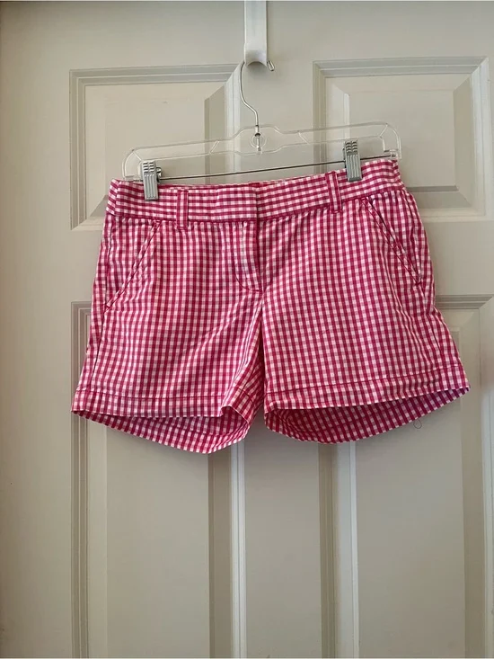 Women’s J.Crew pink & white gingham check classic mid-rise, pockets, size 0 3”