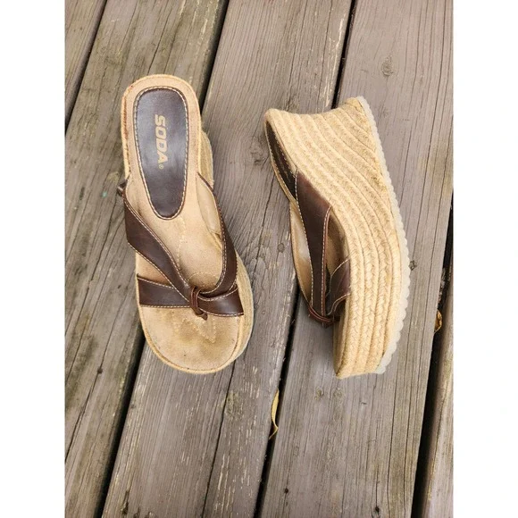 Vintage 90s Y2K Soda Platform Sandals Brown Espadrille Wedge Thong Knotted 9