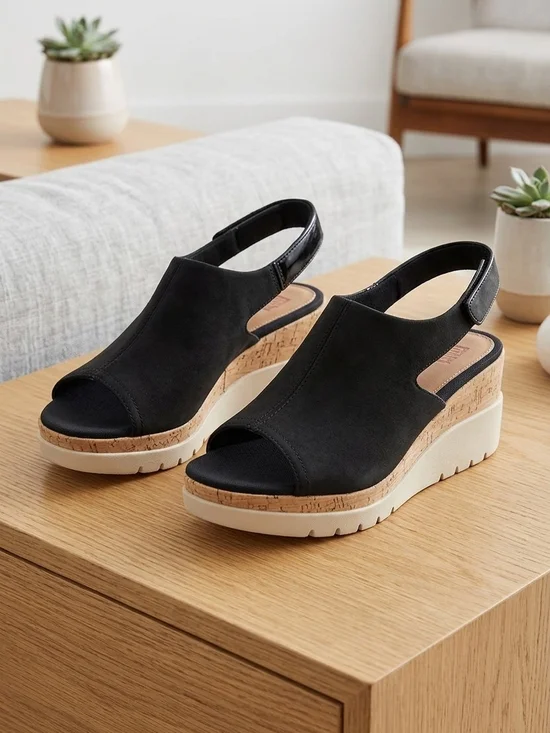 Naturalizer Black Cork Wedge Slingback Sandals