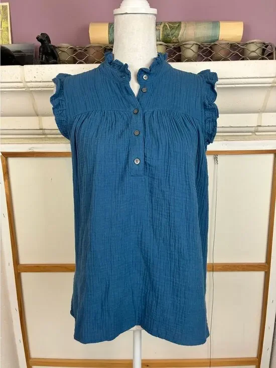 J. Crew Soft Ruffle Cap-Sleeve Button Popover blouse