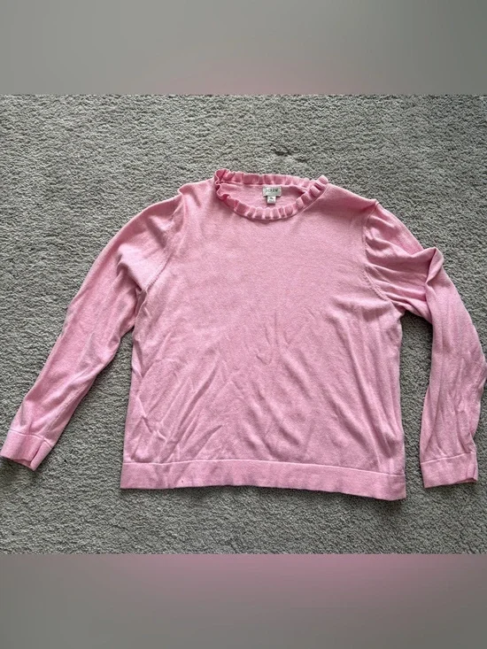 J. Crew Pink Ruffle-Trim Crewneck Sweater