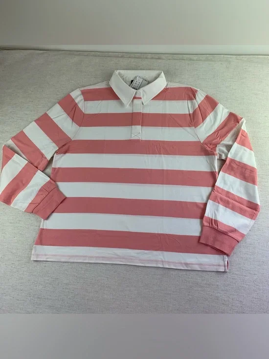 j crew women's L Boyfriend jersey rugby shirt in stripe long sleeve coral white