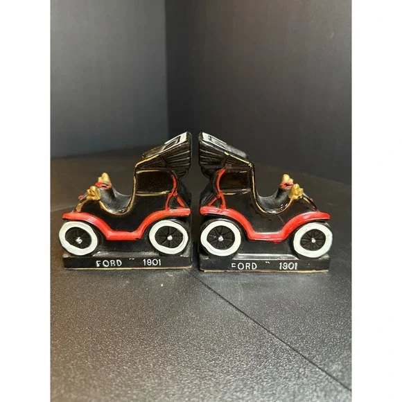 Vintage Japan Ford 1901 Ceramic Car Bookends‎ Black Red White 4