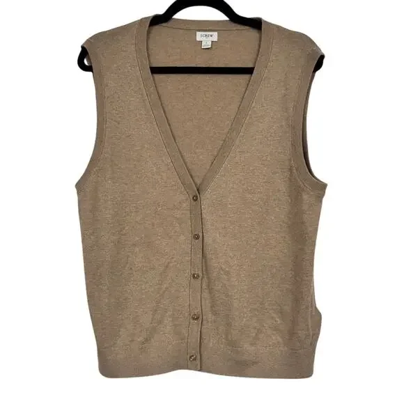 J Crew Tan Cotton Sweater Vest Womens L Preppy Dark Academia Classic Old Money