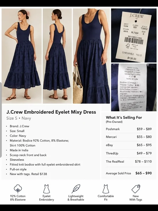 J. Crew Navy Sleeveless Embroidered Eyelet Midi Dress