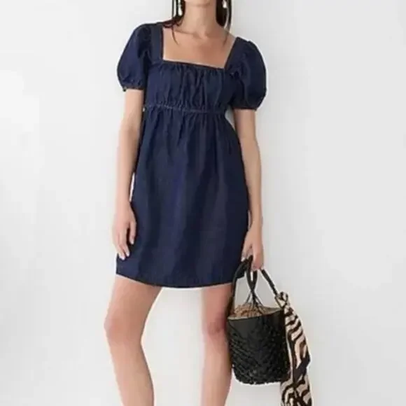 J.Crew Denim Milk Maid Square Neck Puff Sleeve Boho Coquette Babydoll Mini Dress