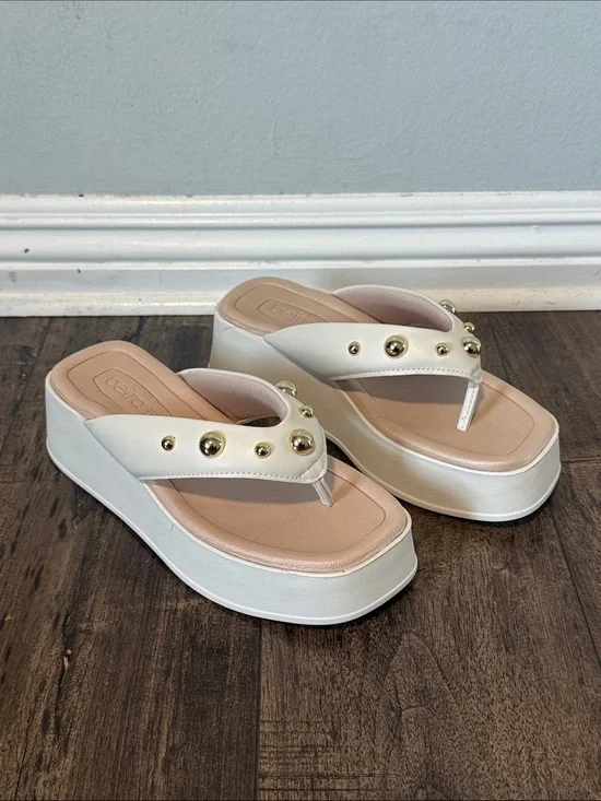 White Platform Thong Sandals with Blush Footbed and Gold Studs