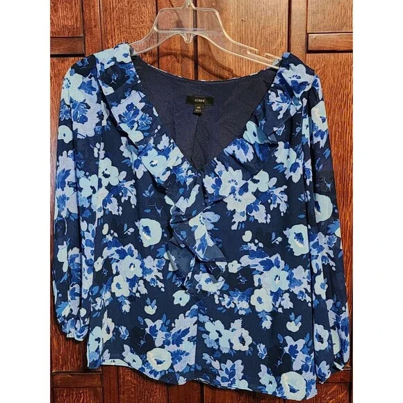 J. Crew Ruffle Trim V-neck Blouse, Blue Floral, XS