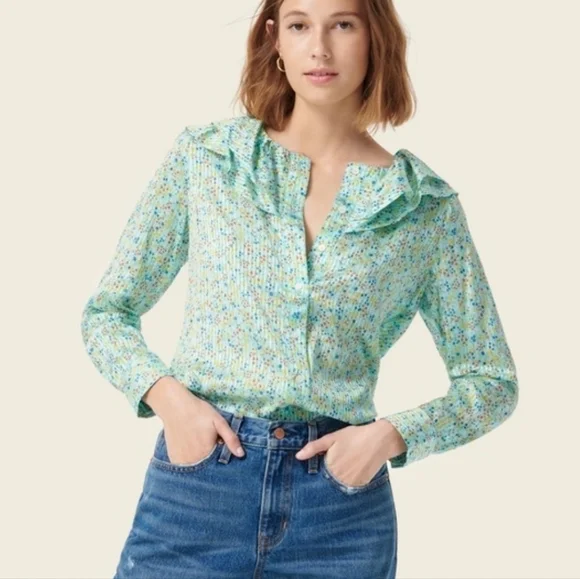 J. Crew Aqua Floral Field  Day Print Ruffle Blouse L
