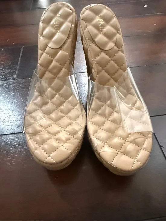 VENUS Quilted Tan Wedge Sandals with Clear Strap Accent