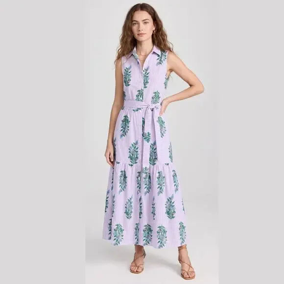 J.Crew Factory Tiered Midi Shirt Dress 00 Purple White Striped Green Block Print