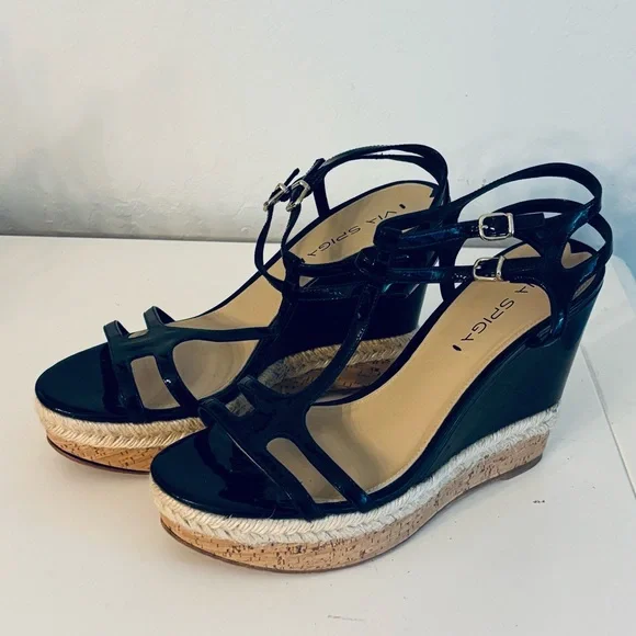 Via Spiga Patent Leather Wedge Platform Sandals Espadrille Cork Sole, Black, 9