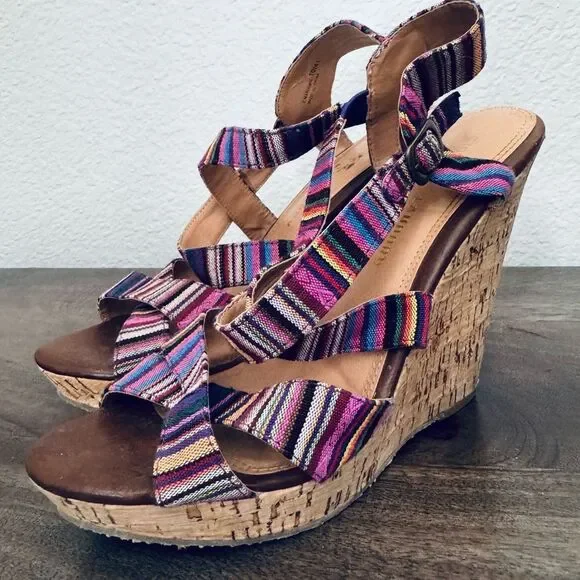 Chinese Laundry Marianne Pink Stripe Boho Multi Cork Wedge Heel Sandals 10