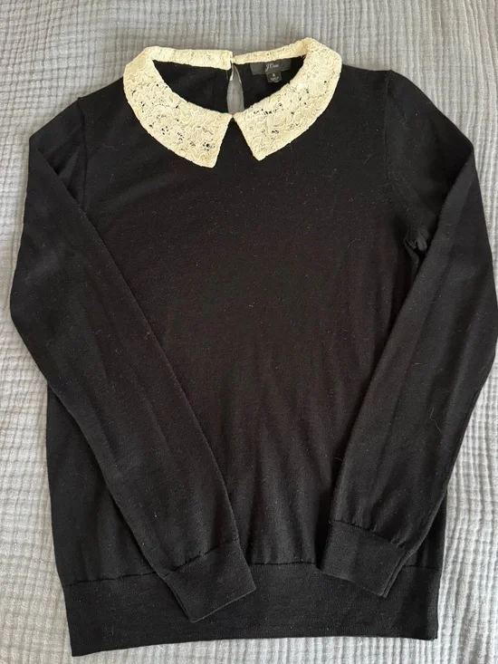 J.Crew Black Sweater Ivory Lace Peter Pan Collar Size S