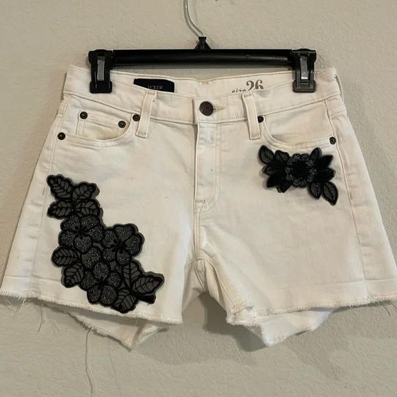 J.Crew Women’s Denim Short Size 26 Mid Rise White Stretch High Waist Floral