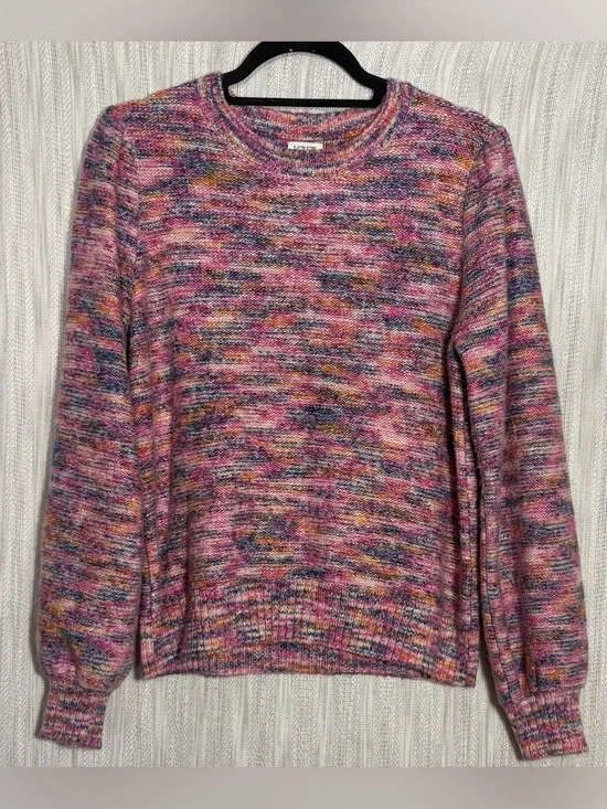 J. Crew Pink Multicolor Marled Crewneck Sweater with puff shoulder