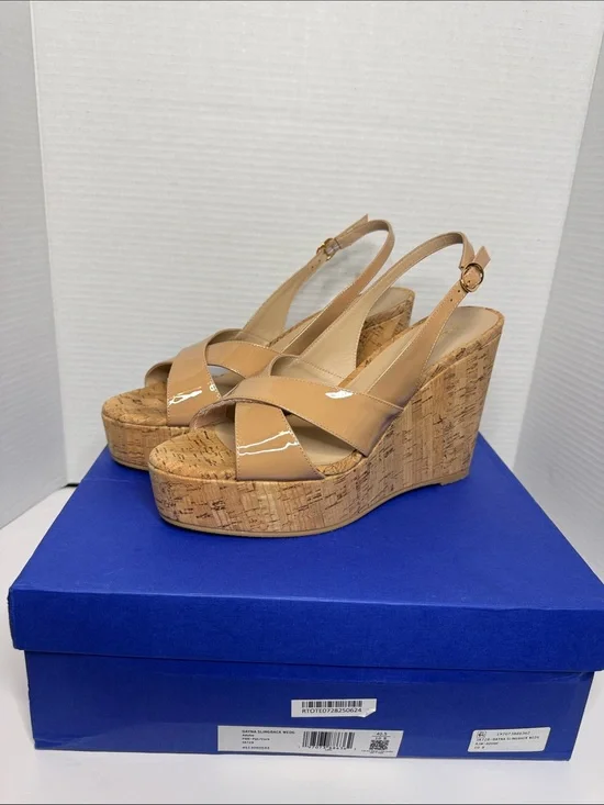 Stuart Weitzman Tan Cork Wedge Slingback Sandals - Women