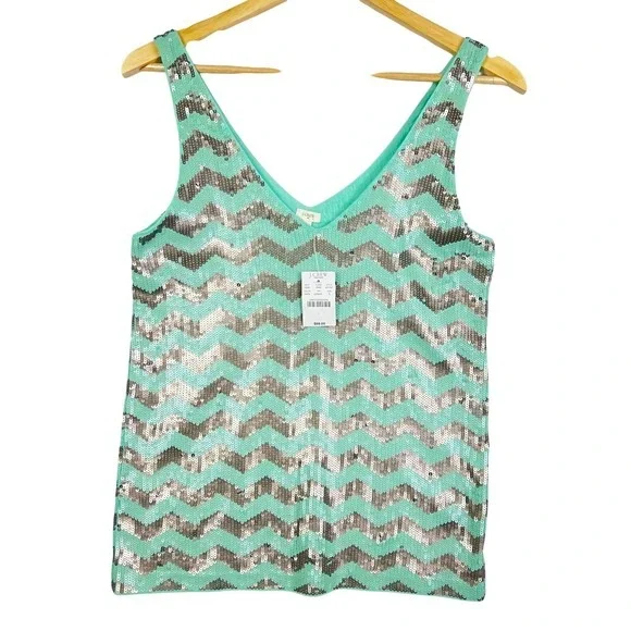 NEW J. CREW Aqua Silver‎ Chevron SEQUIN Zig Zag Cotton Tank Top Small