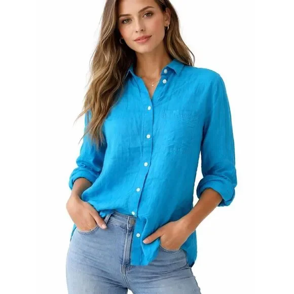 J. Crew Women's Long-Sleeve Button-Down Blue Blouse Boyfriend Cut SZ  2
