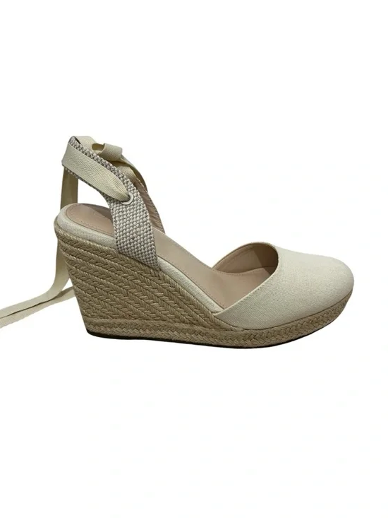 Espadrille Wedge Sandal in Light Beige Cream Tan with Ankle Tie Size: 10
