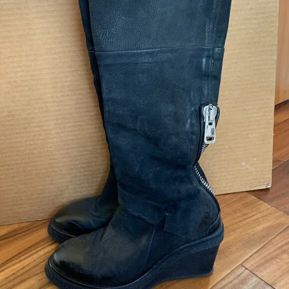 A.S.98 Women's Sabina Wedge Leather Suede Boots Black sz 38 7.5 Side Zip Ankle