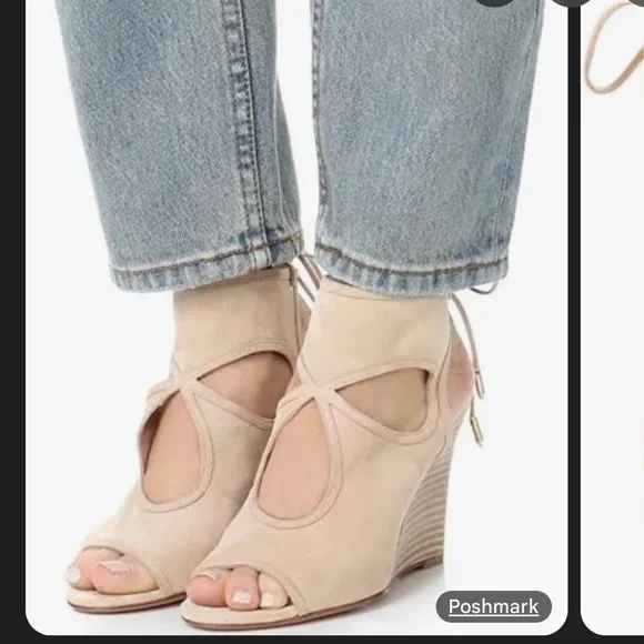 Aquazzura Sexy Thing Cut Out Suede Wedge Sandals in Nude