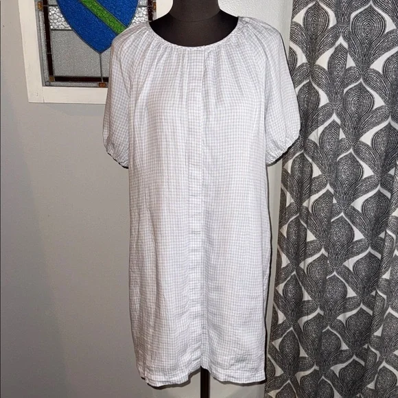 J Crew Gingham 100% Linen Midi Dress Puff Sleeve SZ 12