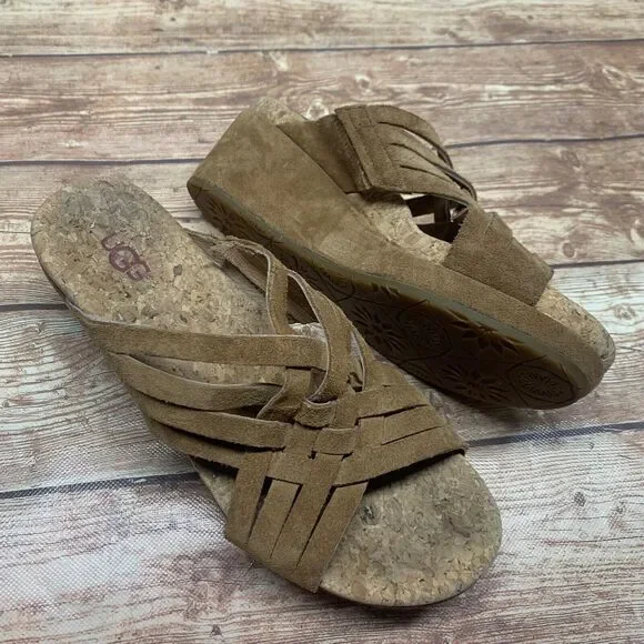 UGG‎ AUSTRALIA Women’s 7 Lilah Chestnut Brown Suede Wedge Slide Sandals 1019976