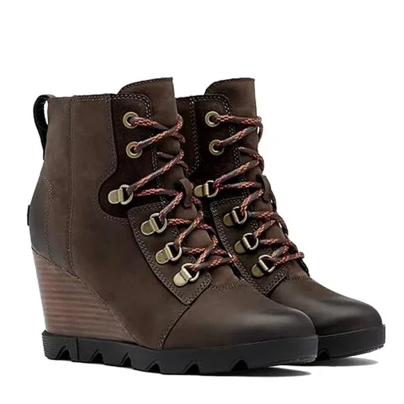 Sorel Joan Uptown Blackend Brown Nubuck Suede Wedge Lace up Boots 9.5