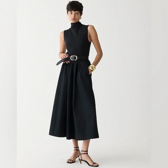 NWT J.Crew Fitted knit mockneck dress with poplin skirt in Black