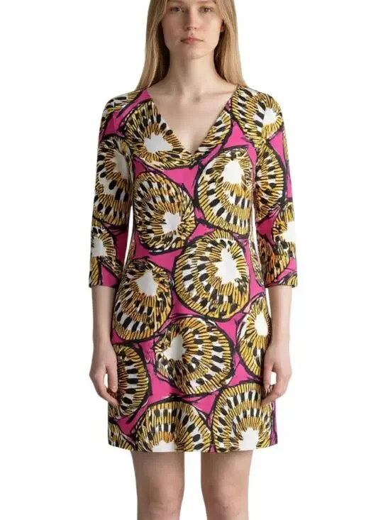 J Crew Shift Dress 00 Pink Gold Tropical Print V Neck 3/4 Sleeve Resort Vacation