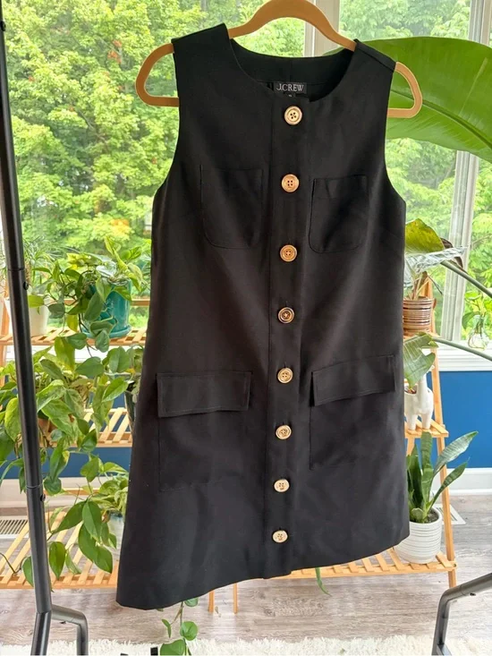 J. Crew Black Button-Front Sleeveless Shift Dress with Wooden Buttons