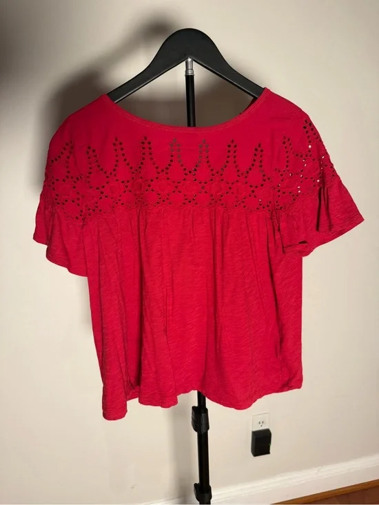 J. Crew Red Eyelet Flutter-Sleeve Blouse