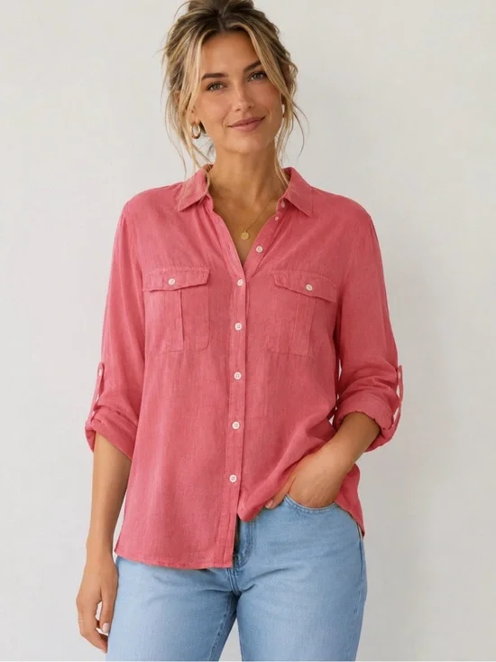 J.Crew XL Pink Cotton Button Front Utility Shirt Roll Tab Sleeve‎ Casual Top