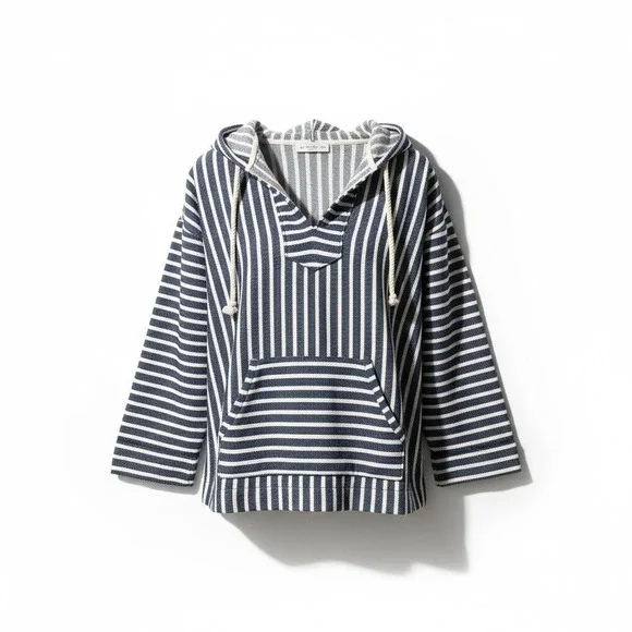 J. Crew Striped Hoodie‎ Pullover Blue White Drawstring V Neck Pouch Pocket XL