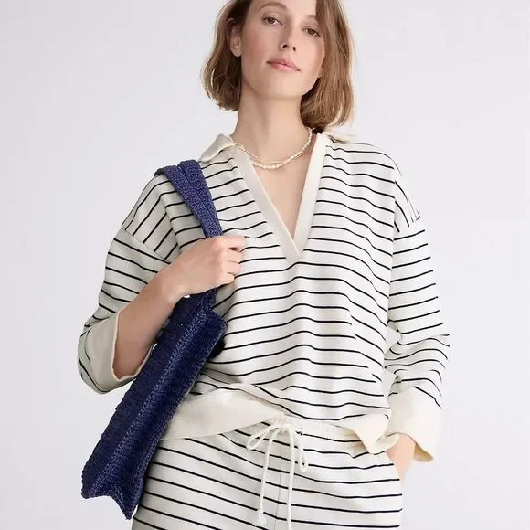 J. Crew‎ University Terry v-neck polo shirt in navy/winter white. Size XL