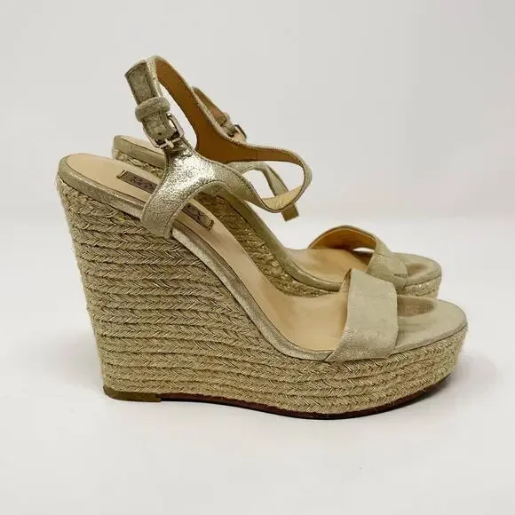 Badgley Mischka 5.5 Gold Leather Espadrille Wedge Sandals Ankle Wrap 4.5