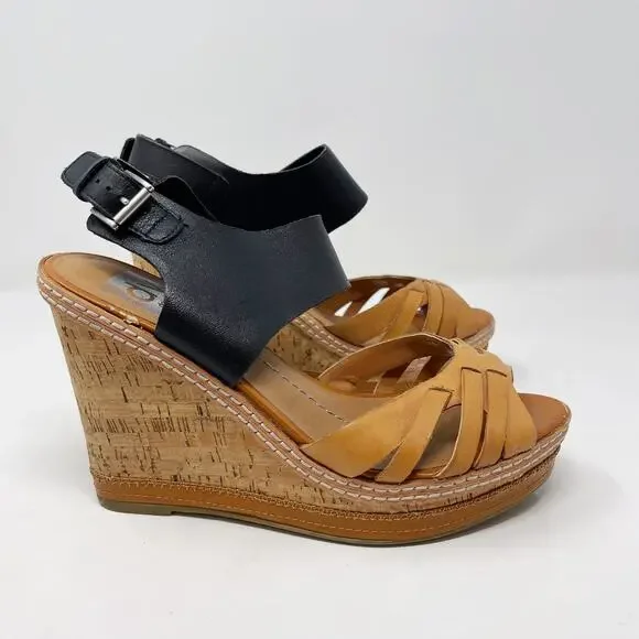 DV by Dolce Vita Womens 7.5 Honey Tan Black Jaslyn Wedge Heel Sandal Cork Buckle
