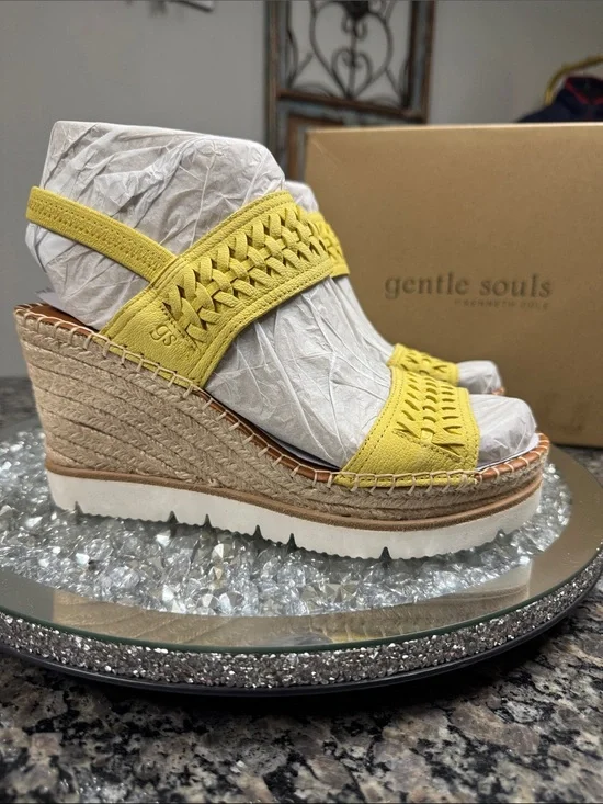 gentle souls leather Charlie lemon Yellow Woven Espadrille Wedge Sandals NEW 9.5