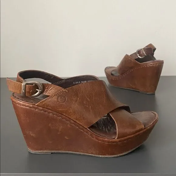 Born Chestnut Leather Wedge Sandals 36.5 (US 6) Boho Chic Coastal Urban Comfy