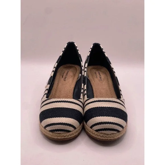 St Johns Bay Botanic Navy Stripe Espadrille Wedge Shoes 5.5W Wide Memory Foam