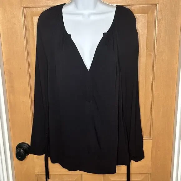 J Crew V-Neck‎ Blouse L Black Ruched Sleeves Pleats Minimalist Capsule J6240