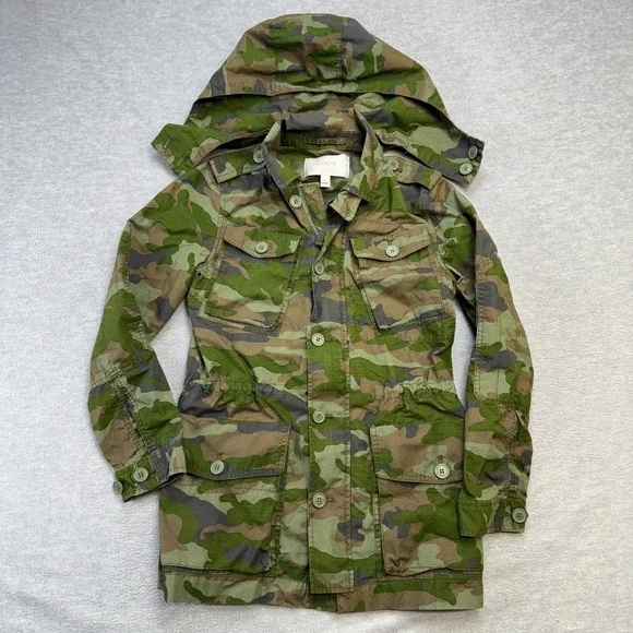 J Crew Jacket Women XS Green Camo Military Parka Utility Adjustable Ripstop Hood