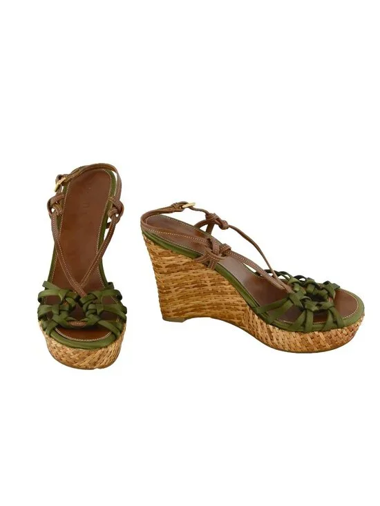 Prada Green Satin Woven Ruffle Wedge Sandals
