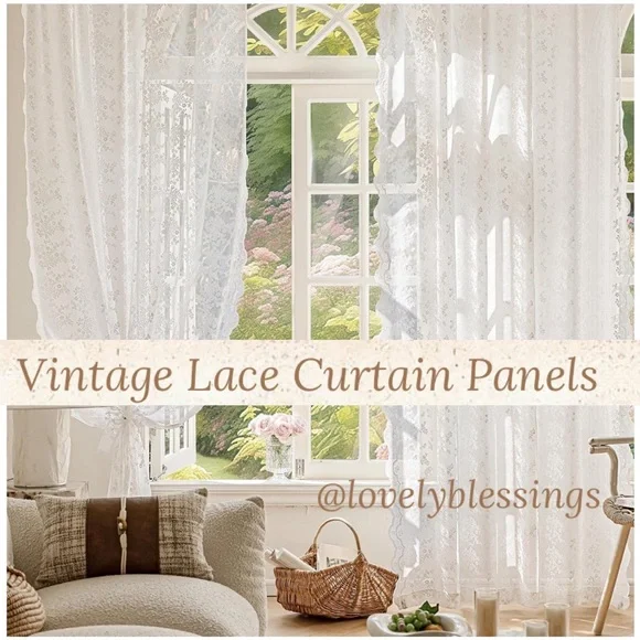 Vintage Lace Curtain Panels Set of 2 White Floral Cottage Lace Curtains Bundle