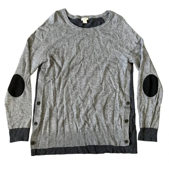 J. Crew Wool Blend‎ Sweater Sz M Gray Black Elbow Patches Two Tone Side Button